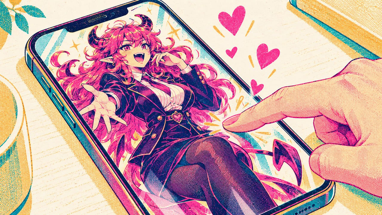 An iPhone on a table showing Eve in a business suit, a fingertip tapping the screen as hearts float up