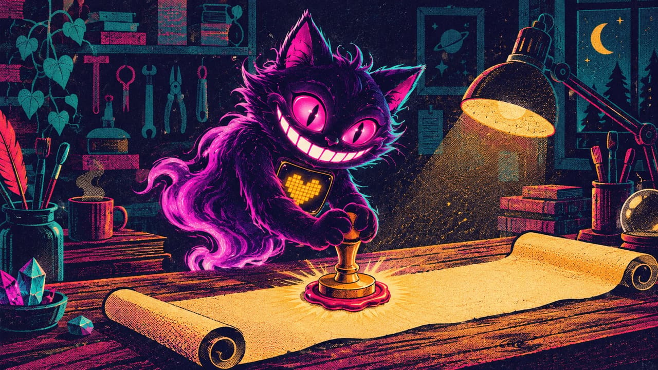 Sid pressing a big glowing wax seal onto a long scroll on a workbench