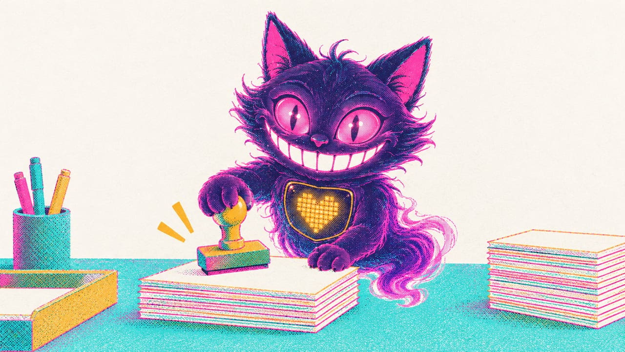 Sid at a desk stamping a stack of papers with a rubber stamp