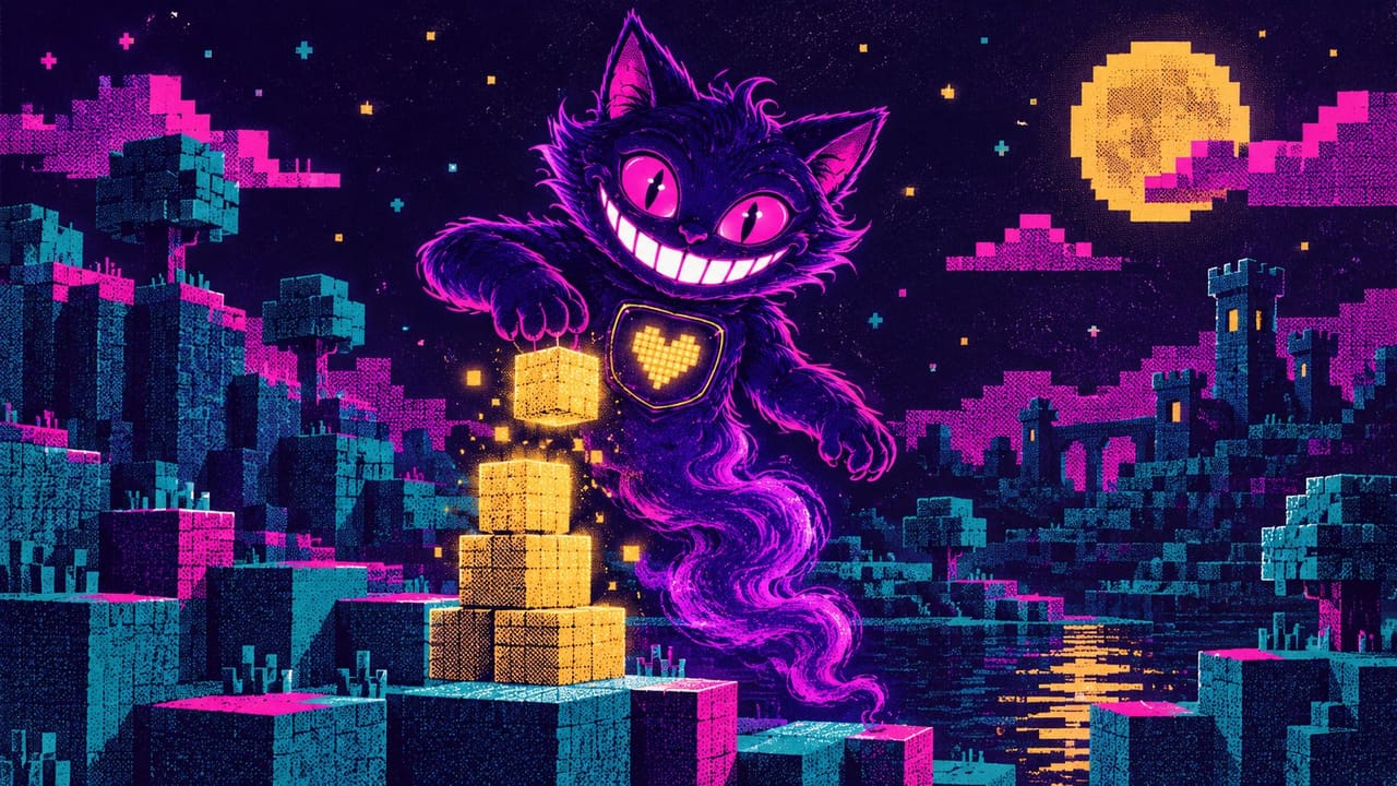 Sid floating above a blocky voxel landscape at night, stacking glowing cube blocks into a small tower