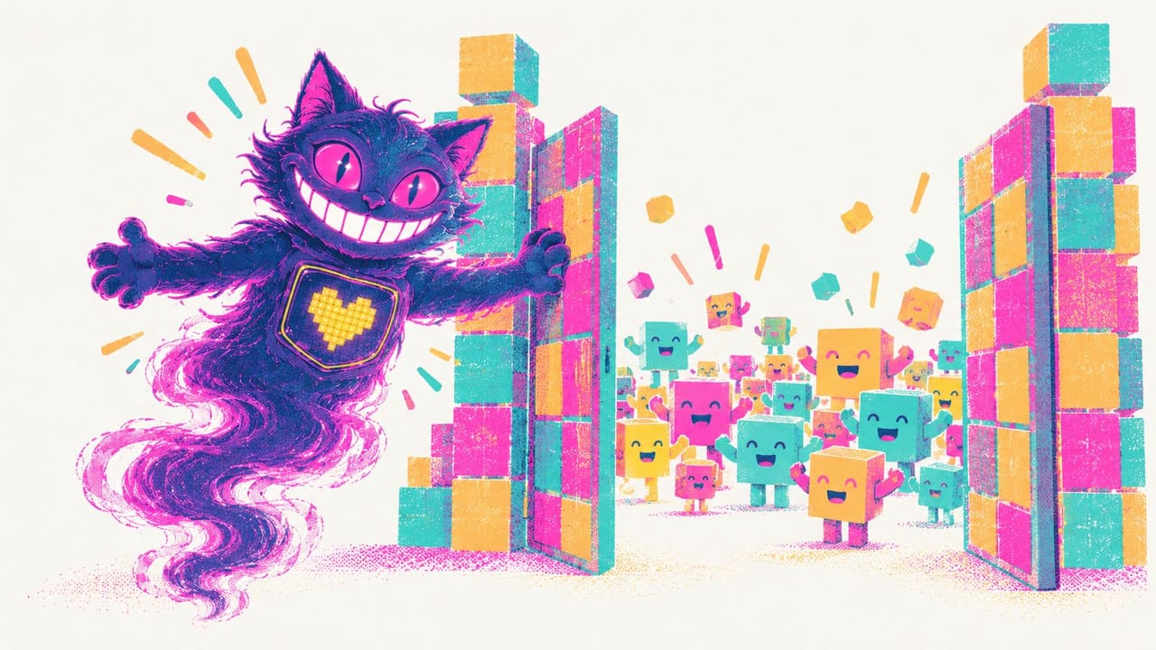 Sid swinging open a gate built from cube blocks, a crowd of tiny blocky friends waiting beyond it