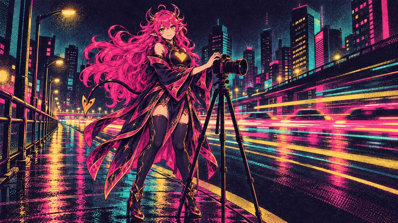 Eve with a camera on a tripod on a night street while light trails streak past