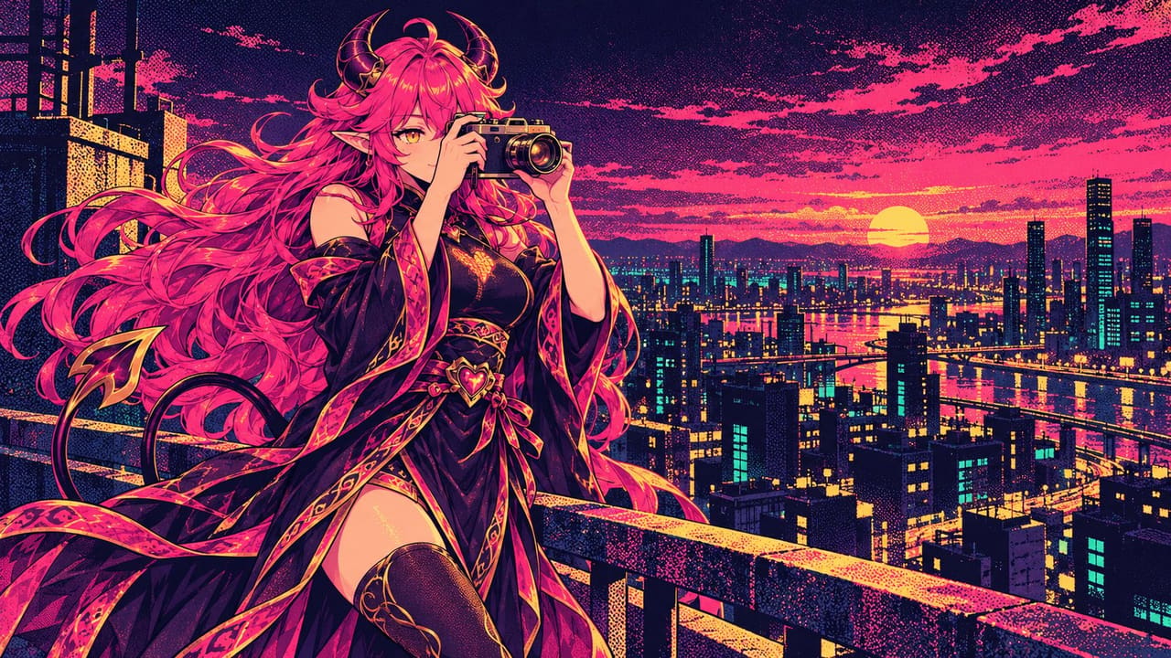 Eve on a rooftop at dusk holding a small vintage camera up to her eye, framing the skyline