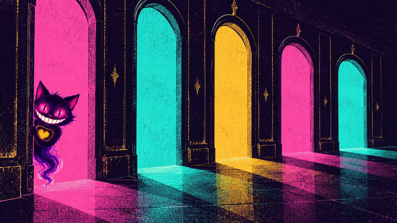 Five doorways lining a dark corridor, each glowing a different colour, with Sid peering through the nearest one