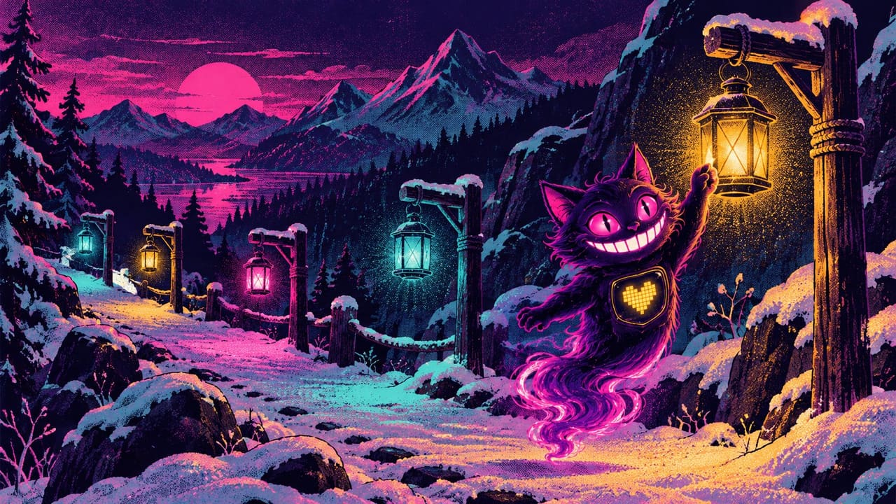 A row of five lanterns over a snowy mountain path at dusk, each glowing a different colour, with Sid lighting the last one