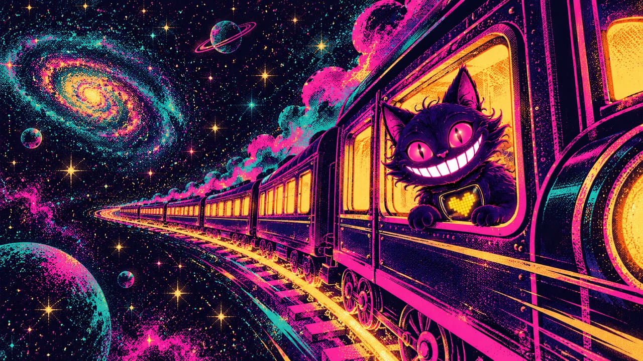 Sid leaning out of the window of a glowing train speeding along rails through the stars