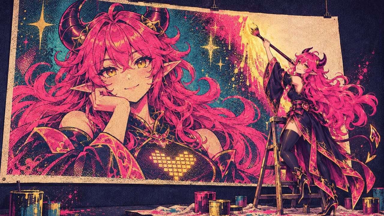 A giant photo print on a wall with one corner still blank, and Eve painting the missing corner in with a long glowing brush