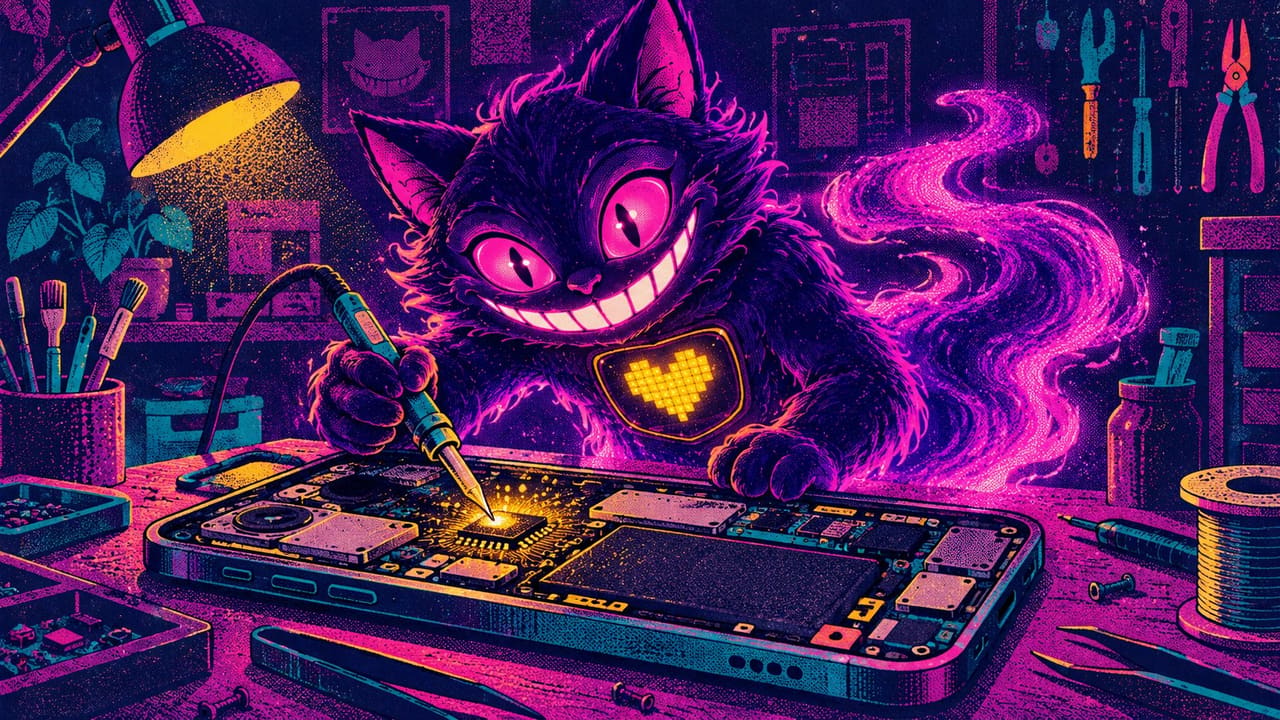 Sid leaning over a giant opened-up phone on a workbench, a wrench in his paw and sparks flying