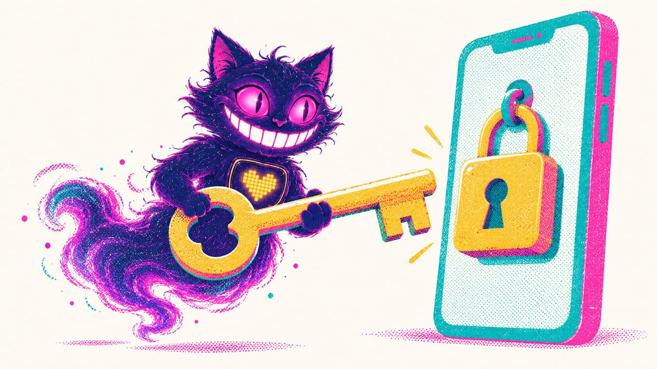 Sid carrying an oversized golden key toward a padlock hanging on a giant phone