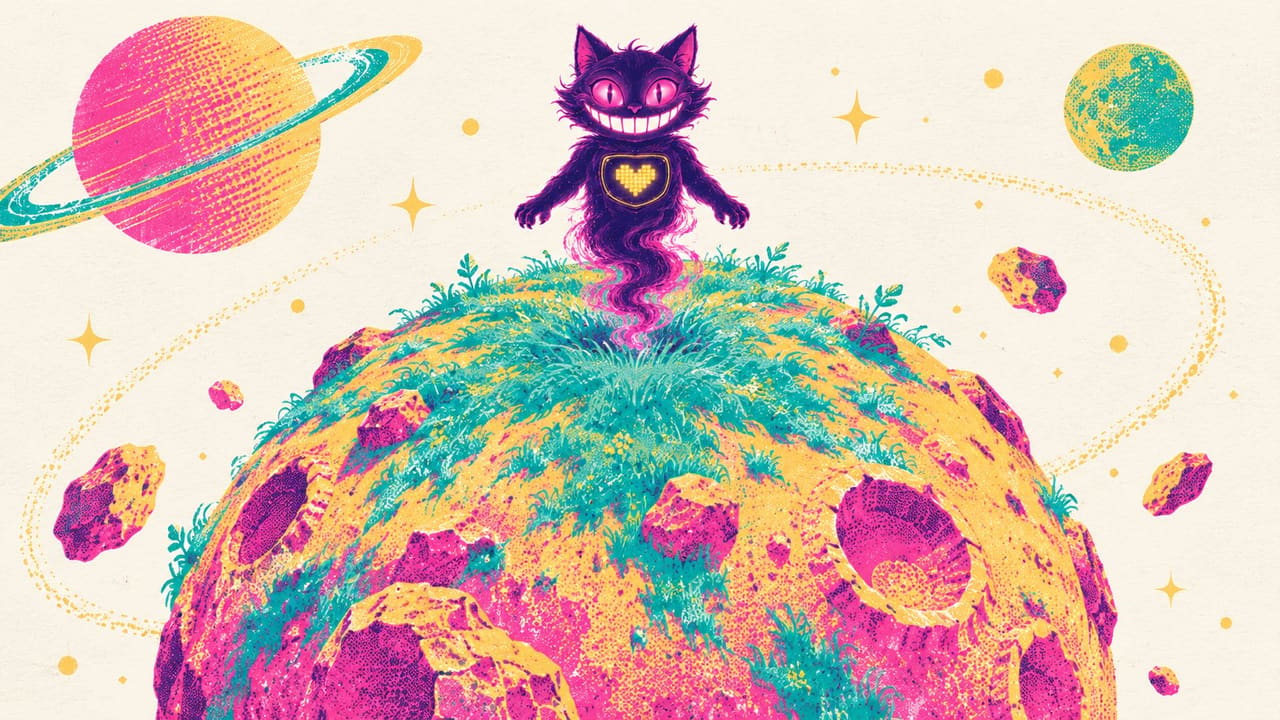 Sid standing on a tiny rocky planet as green grass spreads out from his feet