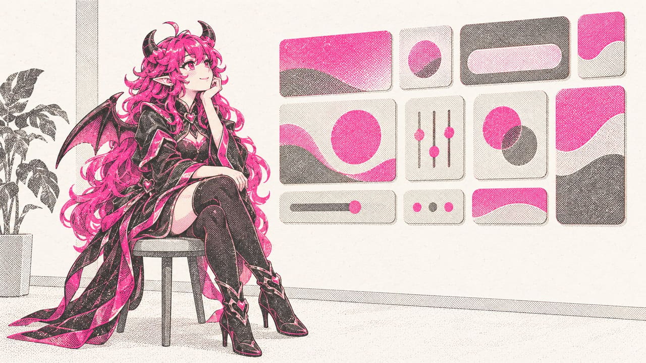 Eve sitting upright on a stool, admiring a finished wall of rounded widget tiles