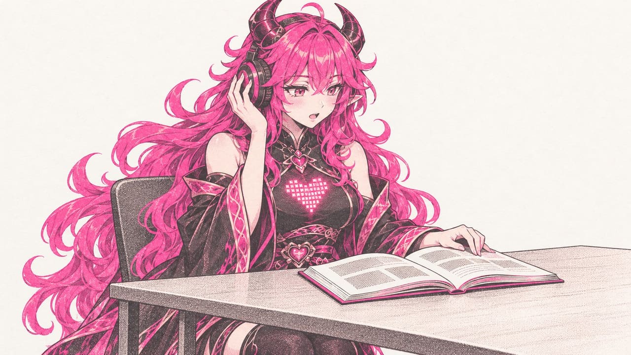 Eve at a desk with headphones on, reading aloud from an open phrasebook