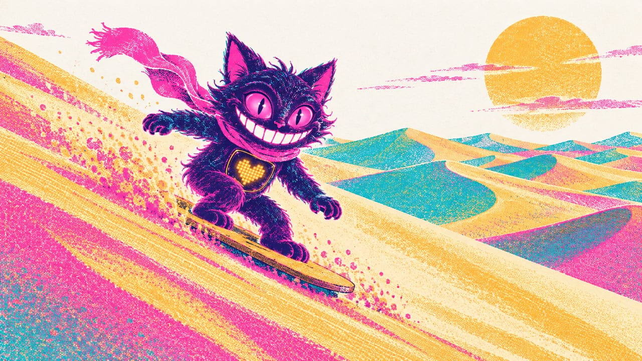Sid sliding down a sand dune on a wooden board, a scarf trailing behind him