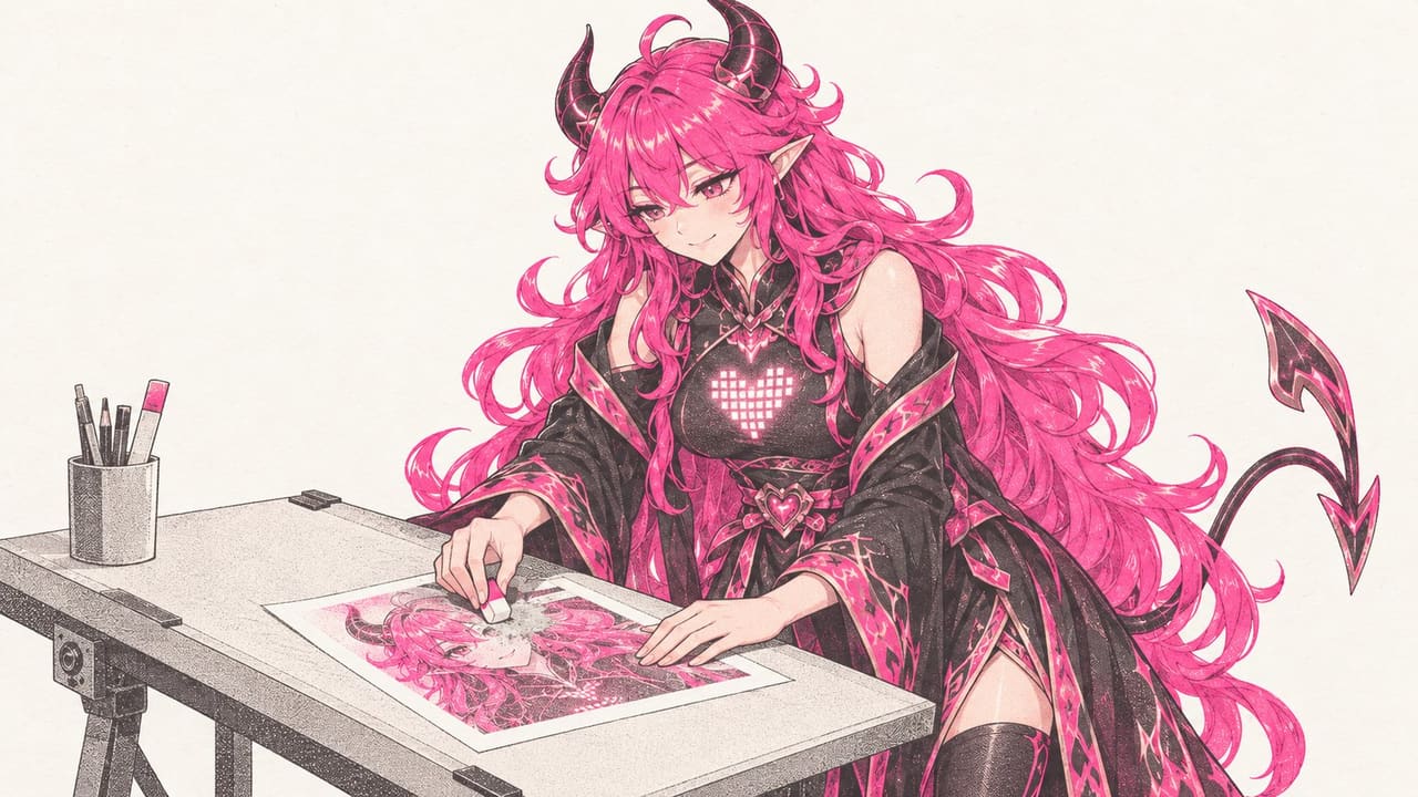 Eve at a drafting table rubbing a small smudge off a printed photo with a pencil eraser