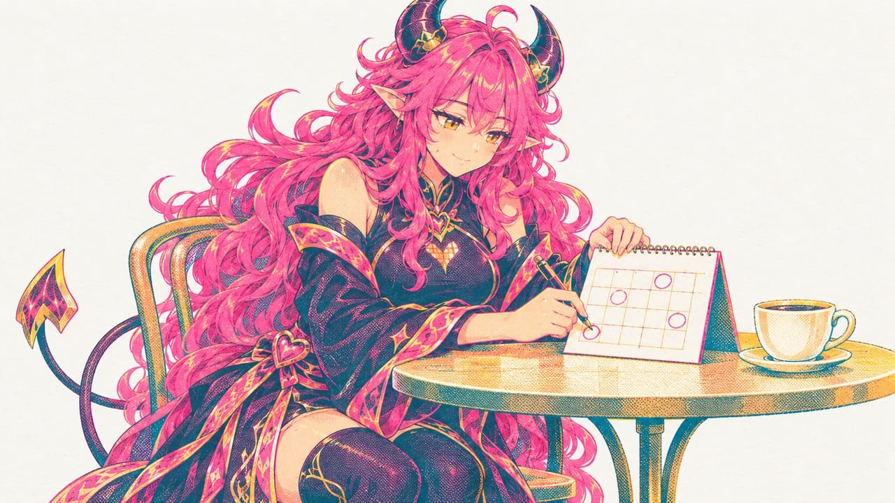 Eve at a café table circling days on a small paper calendar with a pen
