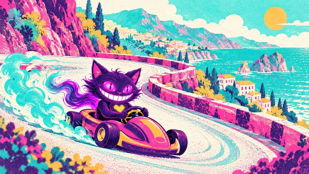 Sid driving a tiny race car around a hairpin bend with a streak of blue flame behind it
