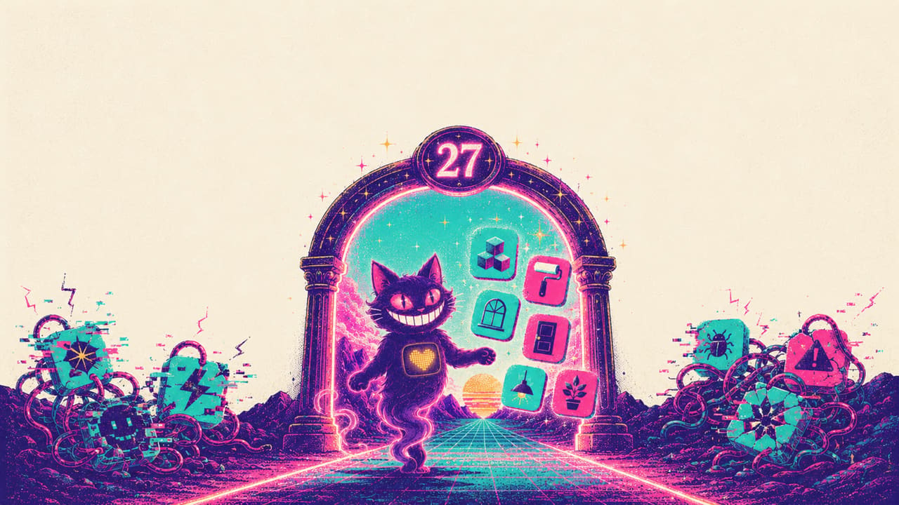 Sid the cat striding through a glowing iOS 27 portal with his apps intact while free-tool apps glitch at the threshold