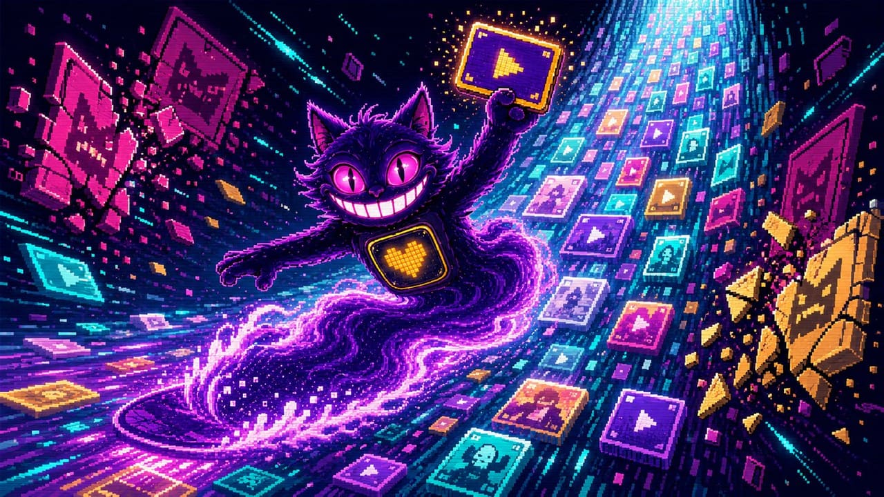 BHTikTok Plus on iPhone surfing the feed, pixel-art