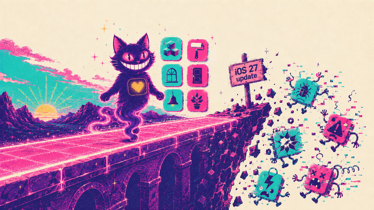 Sid crossing a stable bridge with his apps while free-tool apps tumble off a cliff marked iOS 27 update