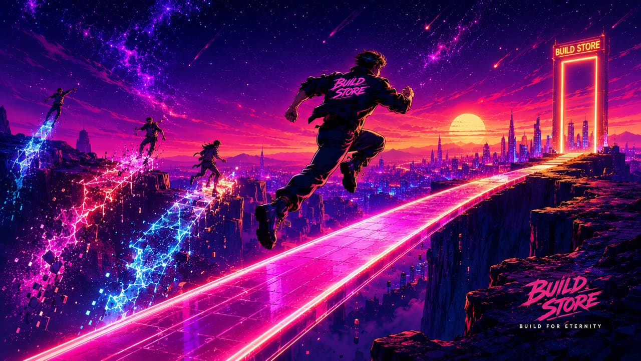 A hero crossing a solid bridge of light while other sideloading routes crumble — comparing iOS 26 methods