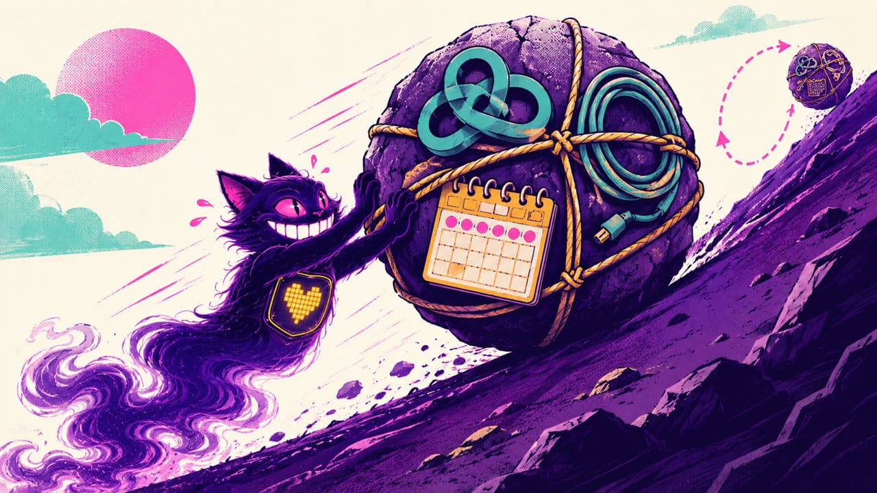 Sid pushing a Sisyphus boulder loaded with weekly re-sign chores uphill