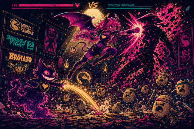 Eve landing a leaping strike on a shadow fighter while Sid blasts a swarm of potato brawlers
