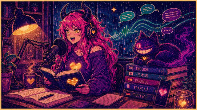Eve reading a book aloud into a podcast mic beside a stack of language courses, Sid asleep on top
