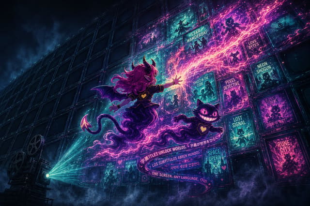 A wall of dark screens igniting into glowing posters