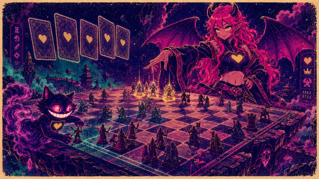 Eve commanding a squad across a glowing tactics board while Sid perches on the board's edge moving a piece