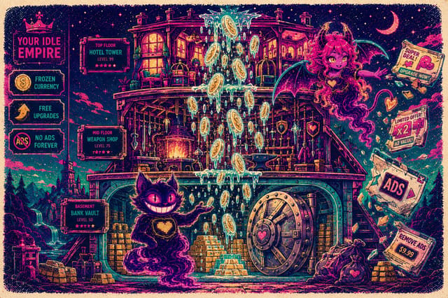 Sid freezing a cascade of coins mid-fall across a three-tier idle empire