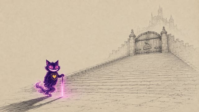 Sid holding a glowing sword on the steps of a dark citadel, an App Store gate sealed shut behind him