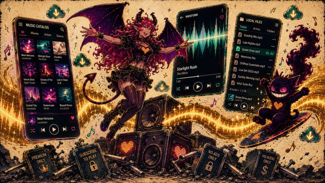 Eve conducting three floating players while Sid rides a waveform between them