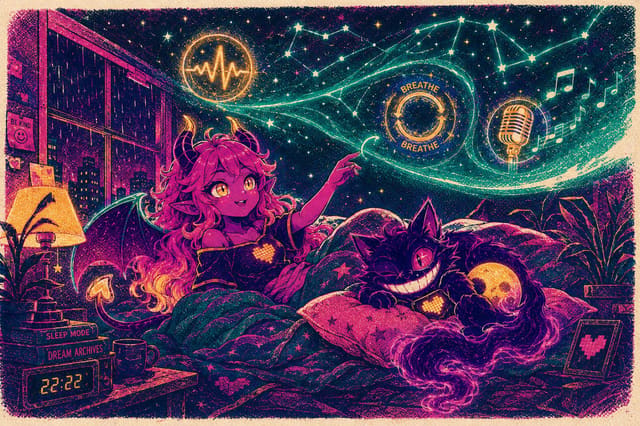 Eve tracing a glowing sleep-wave into constellations while Sid sleeps on the pillow