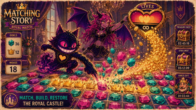 Eve and Sid standing on a giant match-3 board as the five-lives meter overflows into gold