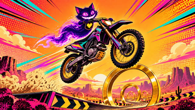 Sid on a stunt motorbike flying over a loop of gold rings on a desert race track