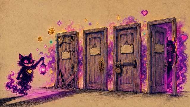 Sid lifting a lantern to four identical doors, magenta light spilling from behind each one, Eve leaning out of the door that stands open