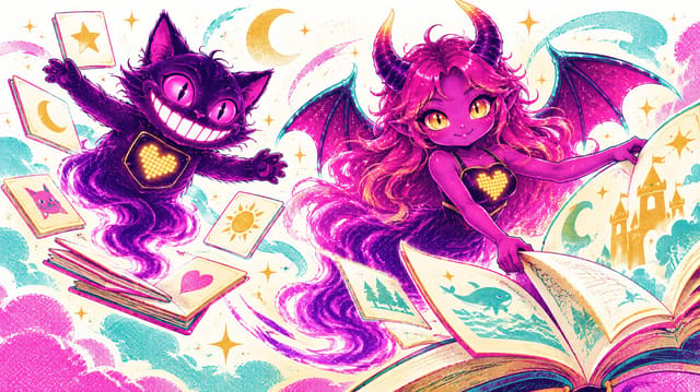 Eve flipping open a giant storybook while Sid balances on a floating stack of flashcards