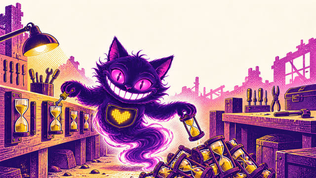 Sid in a wasteland workshop where the crafting timers on every bench have been unscrewed and thrown in a pile