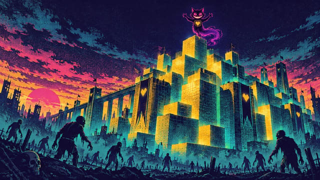 A glowing voxel-block fortress rising over a zombie wasteland at dusk, with Sid standing on its highest block