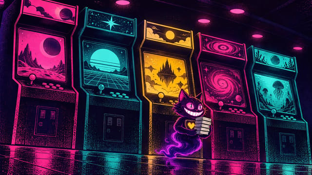 A row of arcade cabinets lit in neon, each showing a different game, with Sid walking past them carrying a stack of cartridges