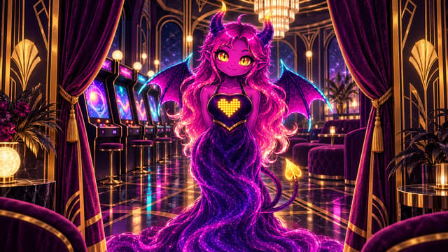 Eve standing between velvet curtains in an art deco lounge lined with glowing arcade cabinets