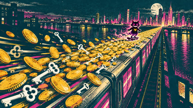 A train roof stretching into a neon city at night, coins and keys streaming past, with Sid riding a hoverboard near the front