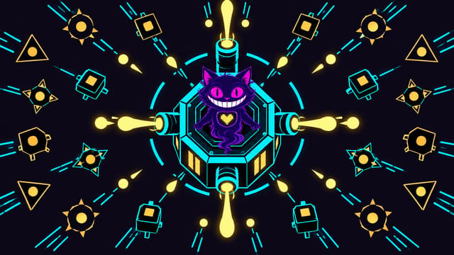 Top-down view of a lone glowing tower firing at a ring of geometric enemies, with Sid inside it