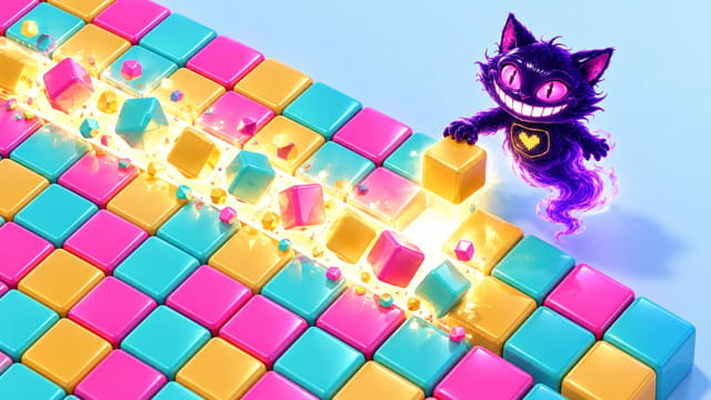 Sid dropping the last glossy block into a puzzle grid as a full row bursts apart