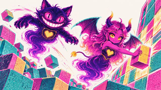 Sid leaping across tumbling toy cubes while Eve slams a block piece into a glowing grid