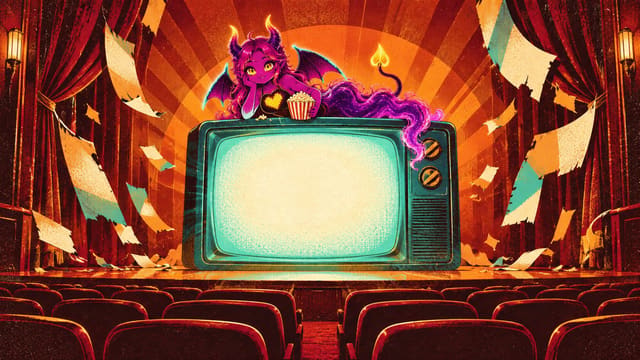 Eve with popcorn on top of a glowing retro TV on a cinema stage as torn ad banners fall away
