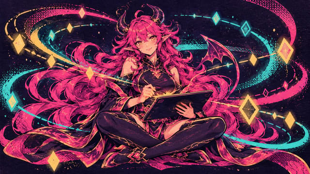 Eve sitting cross-legged editing on a tablet while glowing keyframe diamonds and motion trails swirl around her