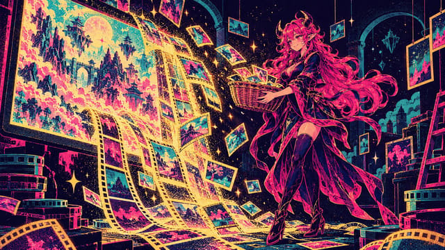 Eve catching glowing film frames in a woven basket as they pour out of a giant video screen
