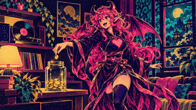 Eve dropping a coin into a glass jar while a vinyl record spins on a shelf behind her