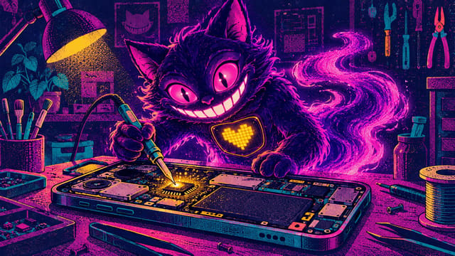 Sid leaning over a giant opened-up phone on a workbench, a wrench in his paw and sparks flying